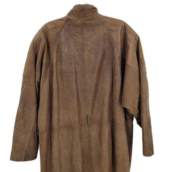 Vintage 80s IOU Leather Trench Mad Max Apocalyptic Mottled Brown Dolman Long XL - Picture 12 of 16